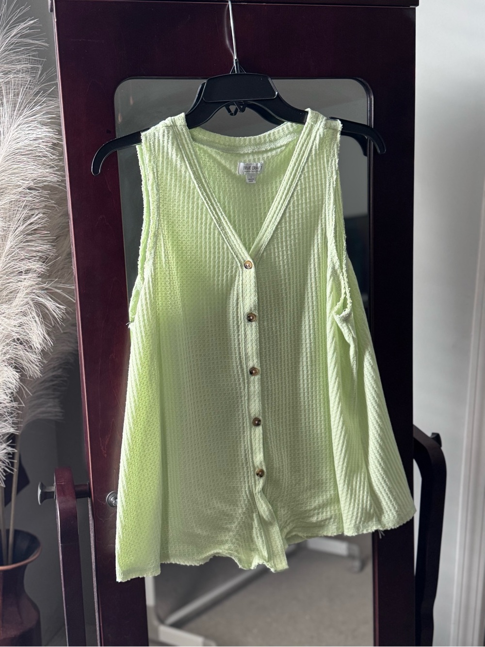 True Craft Lime Green Waffle Knit Button Tank